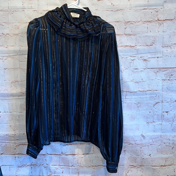 John Yang Shirt Womens 12 Blue Black Striped Long Sleeve Blouse Ruffle High Neck - Picture 1 of 12